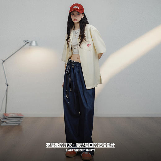 马登夏威夷风刺绣衬衫设计感宽松休闲T恤美式复古短袖衬衣夏季女 商品图3