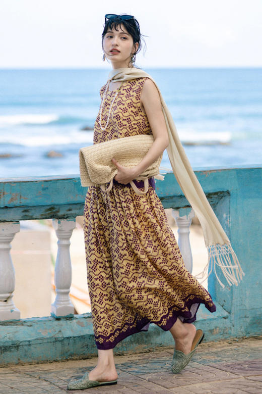 绽放旅行女装358朵/设计感高支亚麻定位印花伞裙旅游度假半身裙 商品图5