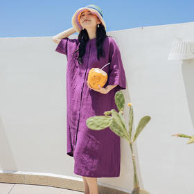 绽放351朵【入蓝系列】100%砂洗亚麻立领翻领两穿宽松休闲连衣裙