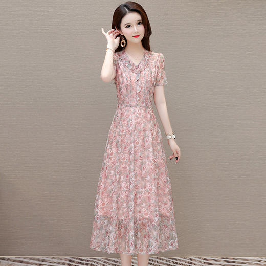 印花雪纺修身时尚连衣裙，荷叶边V领短袖洋气休闲A字裙QYM-XQD-54B2423-L 商品图1