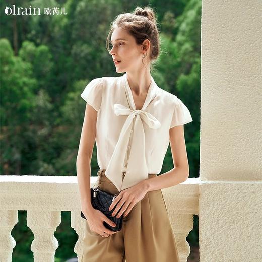 OLrain欧芮儿法式杏色衬衫女夏季2024年新款通勤百搭蝴蝶结雪纺衫 商品图0