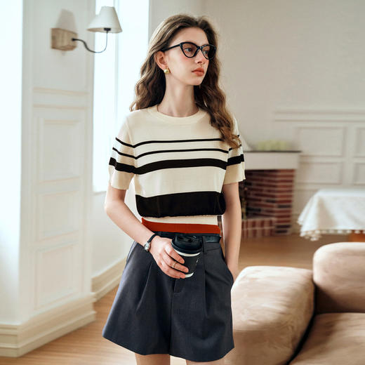 OLrain欧芮儿条纹针织衫女夏季2024年新款通勤拼色宽松圆领短袖 商品图1