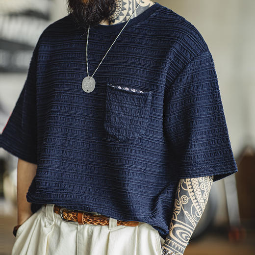工装优选 美式复古针织提花波浪纹T恤肌理感咔叽宽松短袖体恤男夏 商品图4