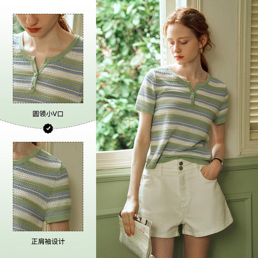 OLrain欧芮儿条纹V领针织衫女夏季2024年新款时尚镂空短袖上衣 商品图3