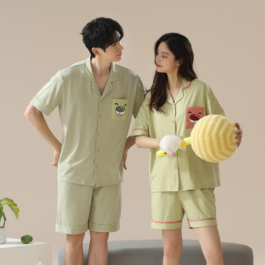 【轩尼小熊联名】自然醒贴贴熊睡衣女夏季纯棉可爱短袖短裤男士套装情侣家居服外穿卡通JLM 商品图5