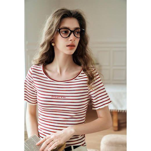 OLrain欧芮儿方领条纹T恤女夏季2024年新款时尚休闲短袖针织衫 商品图1