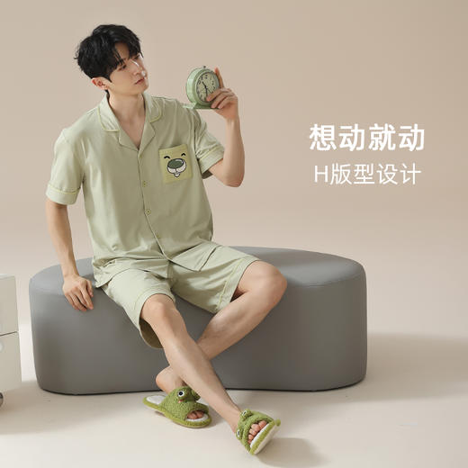 【轩尼小熊联名】自然醒贴贴熊睡衣女夏季纯棉可爱短袖短裤男士套装情侣家居服外穿卡通JLM 商品图8