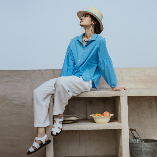 * 绽放装397朵【入蓝系列】海蓝色高端汉麻棉海边度假灯笼长袖衬衫 商品图0