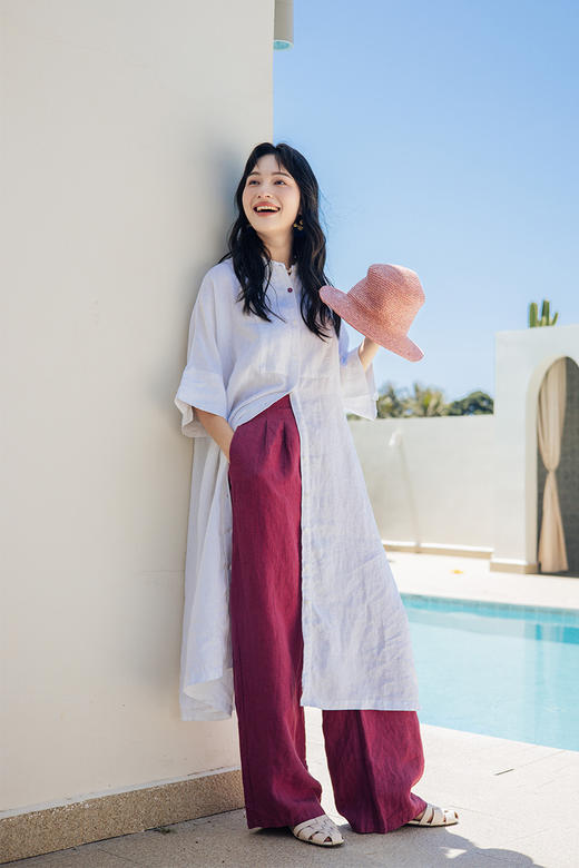 绽放351朵【入蓝系列】100%砂洗亚麻立领翻领两穿宽松休闲连衣裙 商品图5