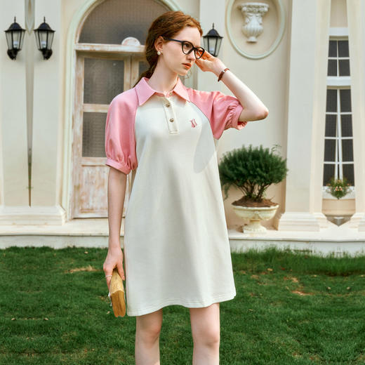 OLrain欧芮儿POLO领杏色连衣裙女夏季2024新款撞色翻领减龄A字裙 商品图1