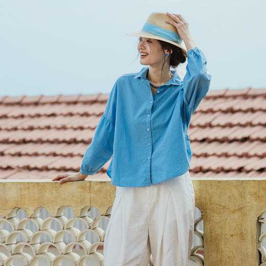 * 绽放装397朵【入蓝系列】海蓝色高端汉麻棉海边度假灯笼长袖衬衫 商品图1