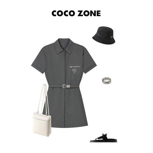 COCOZONEPOLO领显瘦短袖连衣裙女士腰带绣花设计23C18890 商品图4
