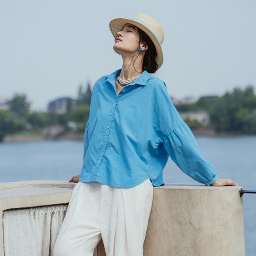 * 绽放装397朵【入蓝系列】海蓝色高端汉麻棉海边度假灯笼长袖衬衫 商品图2