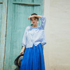 绽放383朵【入蓝系列】浅蓝格子文艺气质圆领七分袖亚麻衬衣开衫 商品缩略图1