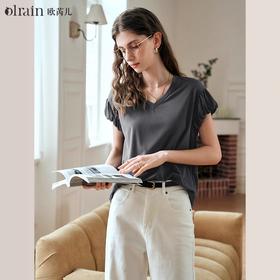 OLrain欧芮儿灰色V领T恤女夏季2024年新款纯色休闲百搭短袖上衣