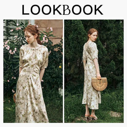 OLrain欧芮儿法式复古缎面碎花连衣裙女夏2024新款褶皱收腰长裙 商品图3