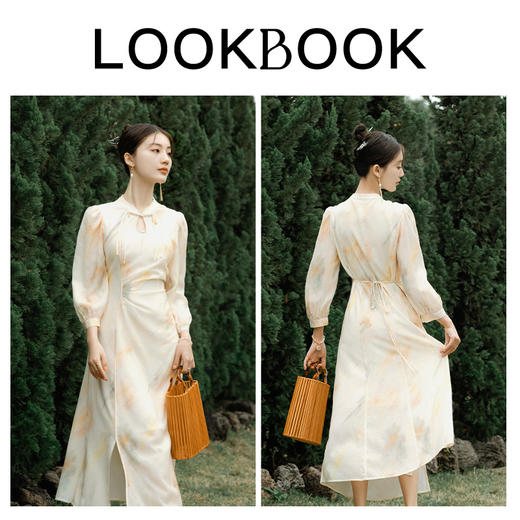 OLrain欧芮儿新中式连衣裙女夏季2024年新款国风印染立领开衩长裙 商品图4