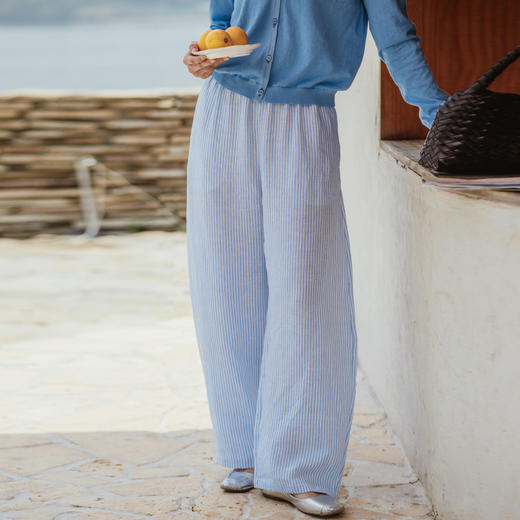 绽放194朵【入蓝系列】蓝白细条纹宽松百搭弯刀阔腿亚麻休闲裤 商品图1