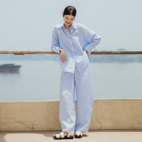 绽放194朵【入蓝系列】蓝白细条纹宽松百搭弯刀阔腿亚麻休闲裤