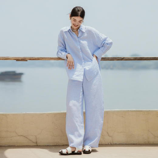 绽放194朵【入蓝系列】蓝白细条纹宽松百搭弯刀阔腿亚麻休闲裤 商品图0