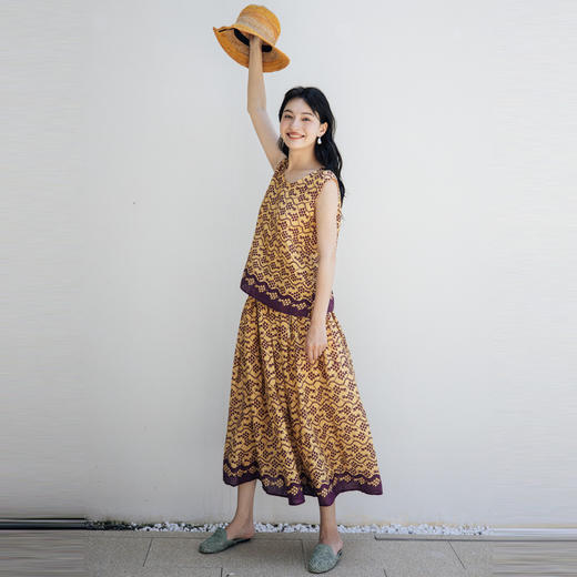 绽放旅行女装358朵/设计感高支亚麻定位印花伞裙旅游度假半身裙 商品图2