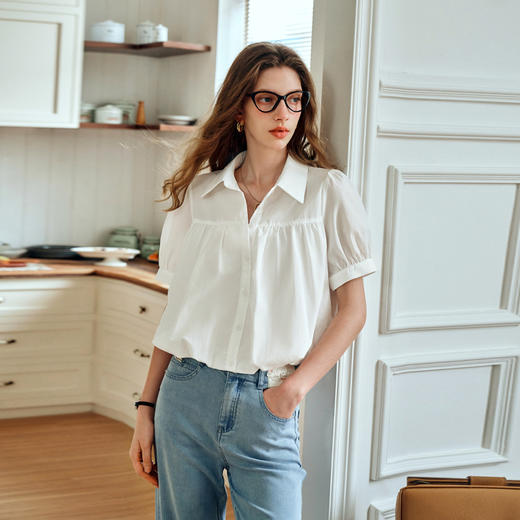 OLrain欧芮儿米白色短袖衬衫女夏季2024年新款设计感气质通勤上衣 商品图1