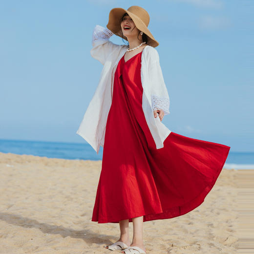 绽放354朵/【入蓝系列】宝蓝色V领吊带裙海边旅游度假棉麻连衣裙 商品图3