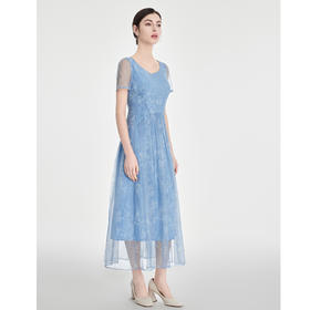 司歌圆领短袖仙气长连衣裙收腰A891029X