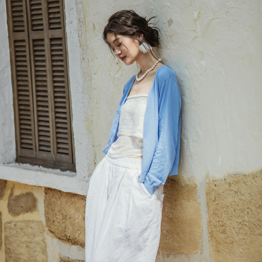 绽放389朵【入蓝系列】天空蓝苎麻棉亲肤宽松棉麻针织开衫上衣 商品图1