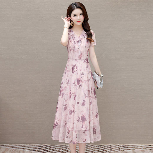 印花雪纺修身时尚连衣裙，荷叶边V领短袖洋气休闲A字裙QYM-XQD-54B2423-L 商品图0