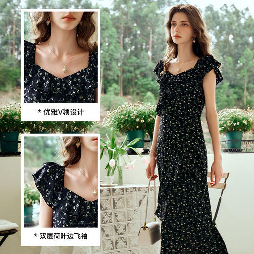 OLrain欧芮儿法式黑色碎花连衣裙女夏季2024新款V领气质显瘦长裙 商品图2