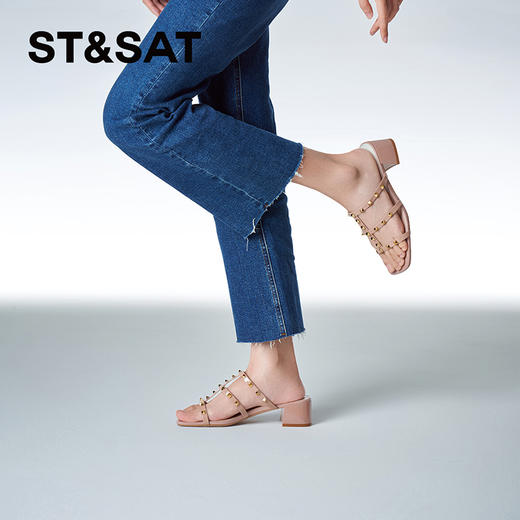 星期六铆钉细带露趾粗跟拖鞋SSC2110318 商品图3