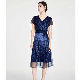 司歌v领刺绣短袖印花连衣裙国风优雅A891090X
