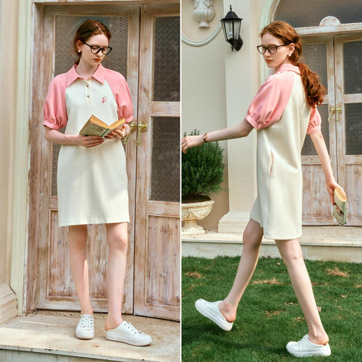 OLrain欧芮儿POLO领杏色连衣裙女夏季2024新款撞色翻领减龄A字裙 商品图4