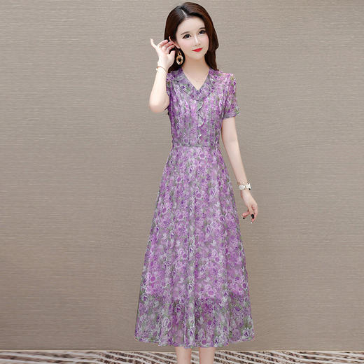 印花雪纺修身时尚连衣裙，荷叶边V领短袖洋气休闲A字裙QYM-XQD-54B2423-L 商品图2