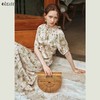 OLrain欧芮儿法式复古缎面碎花连衣裙女夏2024新款褶皱收腰长裙 商品缩略图0