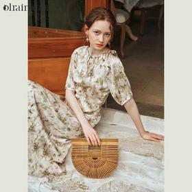 OLrain欧芮儿法式复古缎面碎花连衣裙女夏2024新款褶皱收腰长裙