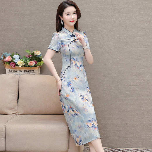印花改良旗袍连衣裙，气质优雅短袖中长裙QYM-KED-H1867 -Y 商品图1