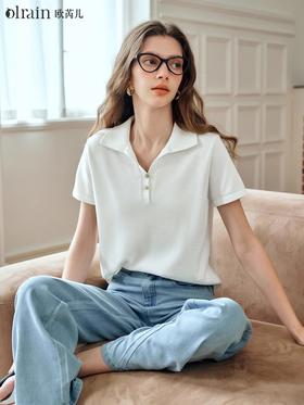 OLrain欧芮儿米杏色针织衫女夏季2024年新款时尚宽松纯色短袖T恤