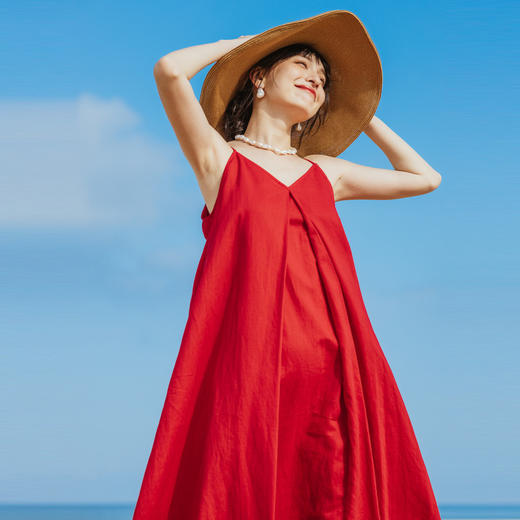 绽放354朵/【入蓝系列】宝蓝色V领吊带裙海边旅游度假棉麻连衣裙 商品图1