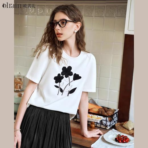 OLrain欧芮儿时尚短袖T恤女夏季2024新款时尚通勤蝴蝶绣缝珠上衣 商品图0