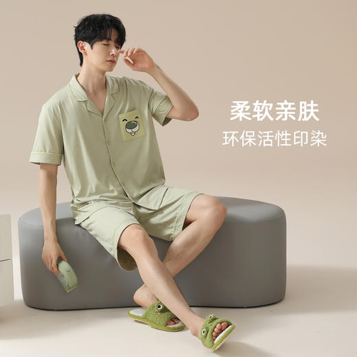 【轩尼小熊联名】自然醒贴贴熊睡衣女夏季纯棉可爱短袖短裤男士套装情侣家居服外穿卡通JLM 商品图9