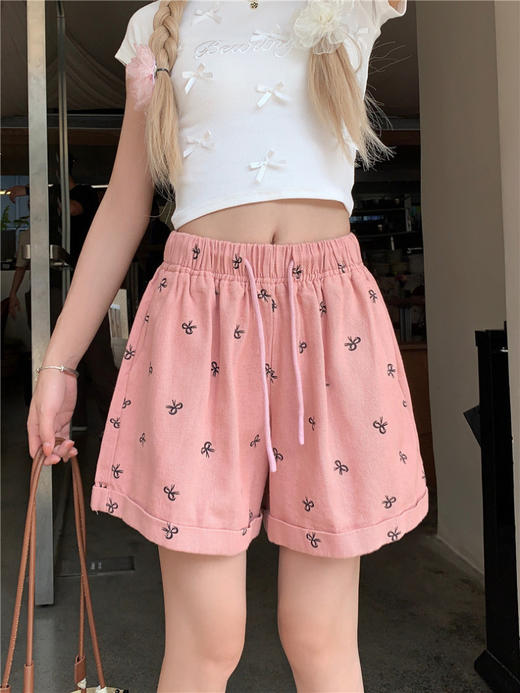 【GZ】无忧购韩系复古卷边小波点碎花蝴蝶结印花洗水棉牛仔阔腿短裤305-1#（截单后7天发货)25年清仓捡漏 商品图1