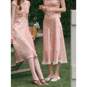 SimpleRetro落日甜橘 橘色碎花半身裙女法式气质木耳边a字包臀裙