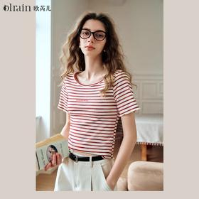 OLrain欧芮儿方领条纹T恤女夏季2024年新款时尚休闲短袖针织衫