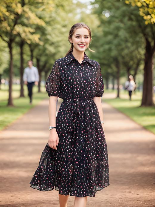 衬衣领灯笼袖多层摆优雅连衣裙 商品图3