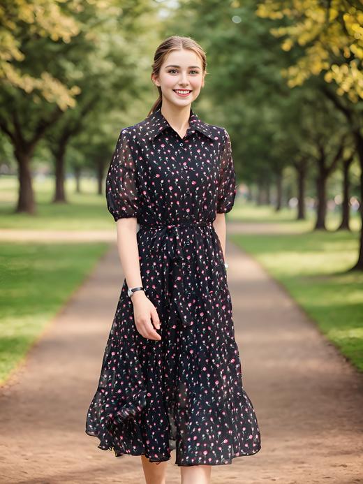 衬衣领灯笼袖多层摆优雅连衣裙 商品图2