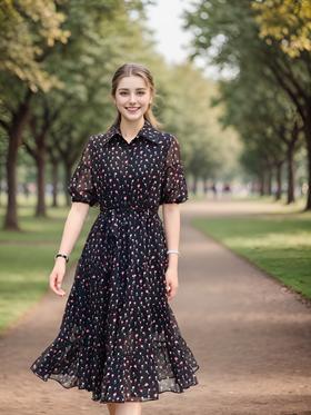 衬衣领灯笼袖多层摆优雅连衣裙