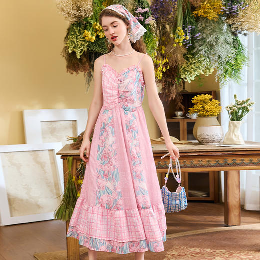 两三事梵高文艺酒心许愿池2024夏季新款可拆泡泡袖两穿印花连衣裙 商品图1