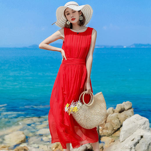 丁摩 修身高腰真丝纯色波西米亚海边度假旅游桑蚕丝沙滩裙连衣裙4ZF-9925 商品图7